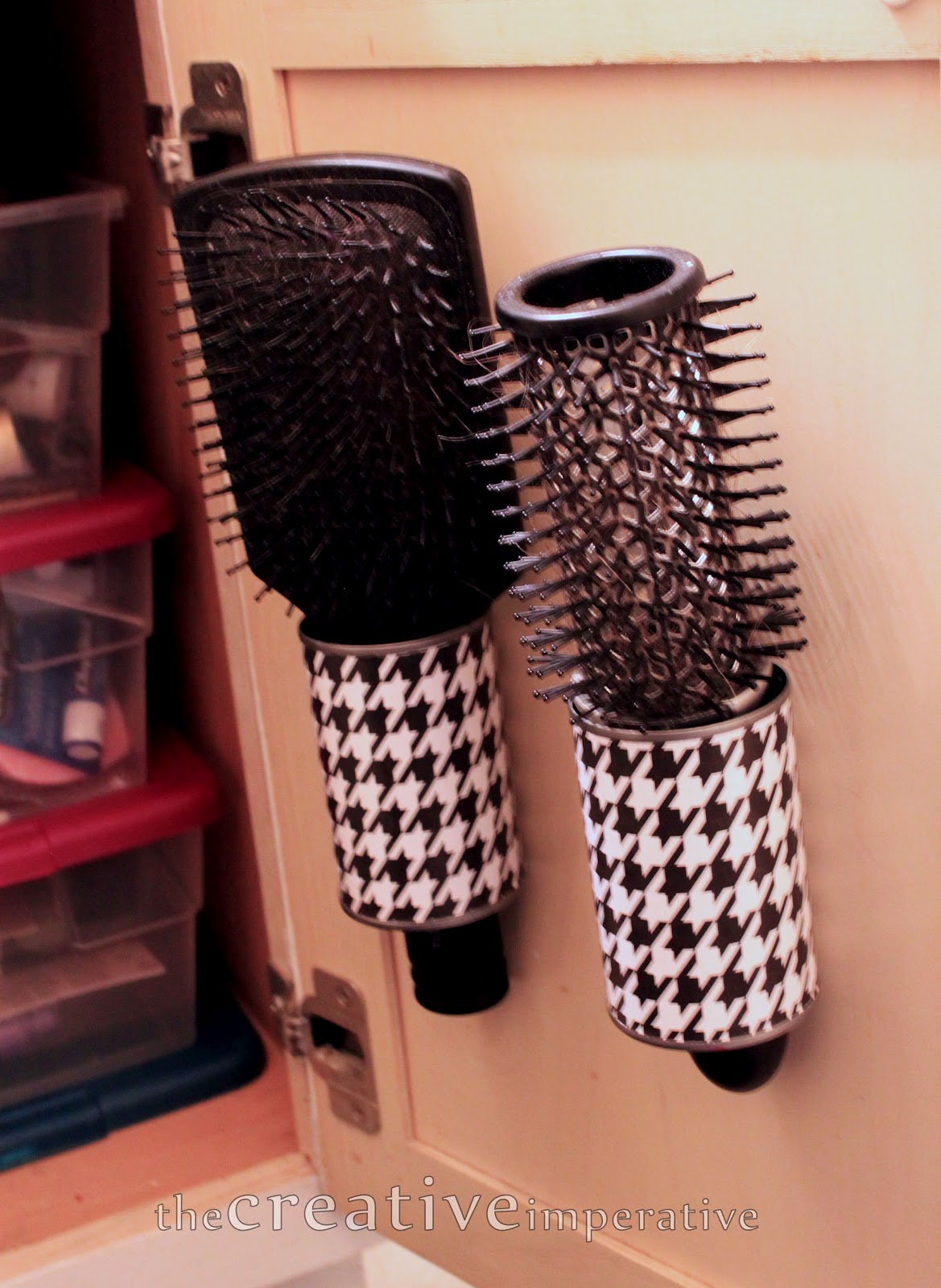 Hanging Hairbrush Storage from Tin Cans
